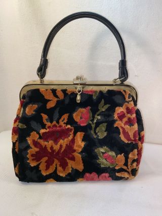 Vintage 50 - 60’s Retro Tapestry Carpetbagger Chenille? Flower Handbag Purse