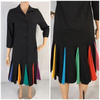 Vintage 80s 90s Dress Black Multi Color Pleat Drop Waist Stretch Shirt Dress Xl