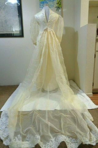 Vintage Ecru Sheer Chiffon & White Lace Trim Wedding Dress W/attached Long Train
