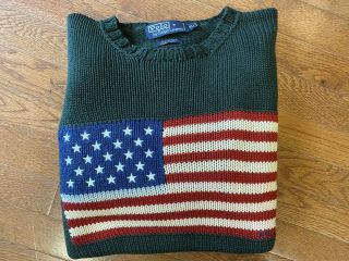 Vintage Polo Ralph Lauren Hand Knit American Flag Sweater 100 Cotton Mens Xl