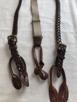 Vintage Brown Braided Cowhide Leather Braces Suspenders Academy Preppy Small