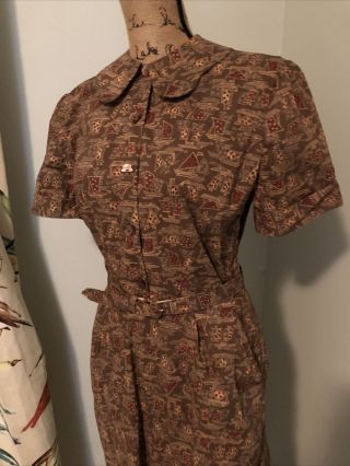 Vintage 1940s Deco Boats Print Brown Cotton Day Dress Buttons Belted