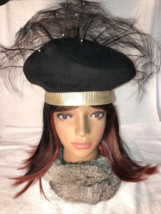 Vintage Beret Feather Hat Black W Feathers & Gold Band By George Zamau 