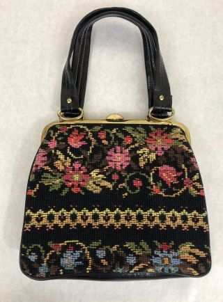 Vintage Black Needlepoint Tapestry Floral Purse Handbag