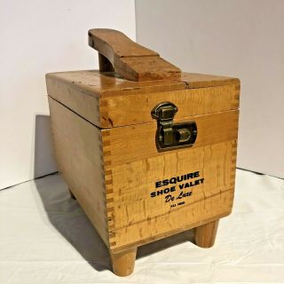 Vintage ESQUIRE SHOE VALET De Luxe Wooden Shoe Shine Box w/ Brush 3
