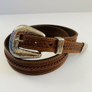 Vtg Tony Lama Tooled/braided Brown Leather Western Belt Silver Metal Buckle/tip