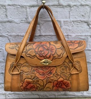 Vintage Hand Tooled Carved Brown Leather Western Purse/satchel/handbag/clutch