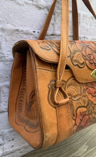 Vintage Hand Tooled Carved Brown Leather Western Purse/Satchel/Handbag/Clutch 2