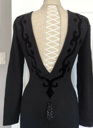 Vintage 80s Black Velvet Sweater Dress Embroidered Beaded Tassel Party Backless