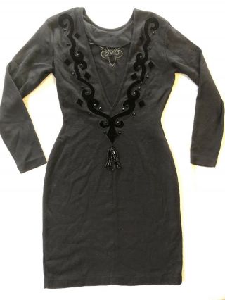 Vintage 80s Black Velvet Sweater Dress Embroidered Beaded Tassel Party Backless 2