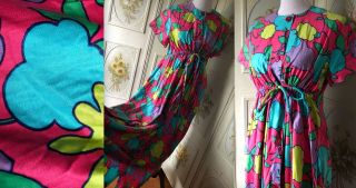 Vtg 40s Dela Ann Neon Flower Screenprint Cotton Lounging Robe Multicolor Usa