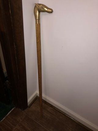 Vintage Hard Wood Cane With Brass Horse Head Handle And Brass Tip 35”.  Heavy