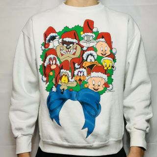 Vintage Vtg 1993 Warner Bros Looney Tunes Christmas Sweater Xl White