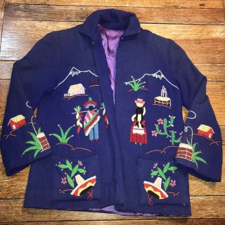 Vintage Mexican Tourist Jacket Embroidered Wool Made In Mexico 40s 50s Small