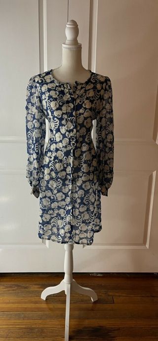 Vintage 1960s 1970s Louis Caring Of London Psychedelic Blue Floral Tunic Dress