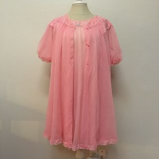 Vtg Shadowline Coral Pink Chiffon Over Nylon Peignoir Set Nightgown Robe S