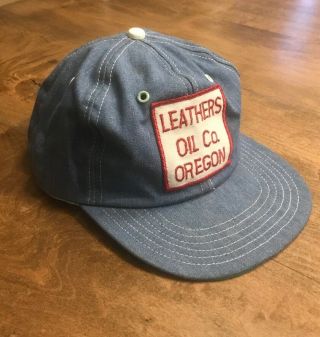 Vintage Denim Trucker Hat Usa Union Made Leathers Oil Portland Oregon Snapback