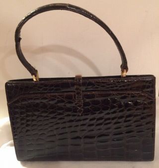 Vintage Tano Of Madrid " Alligator? " Embossed Brown Leather Purse Handbag 3153