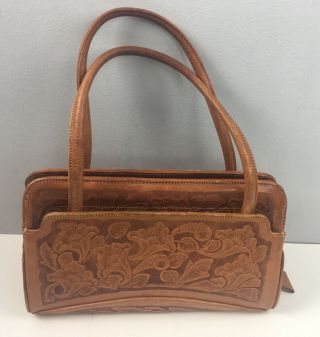 Vtg Tooled Leather Purse Handbag Floral Shoulder Pockets 8 X 11.  5 " Hippie Boho