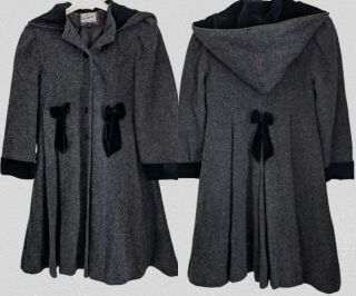 Vintage Rothschild Gray Wool Coat With Hood And Black Velvet Trim Girls Size 8