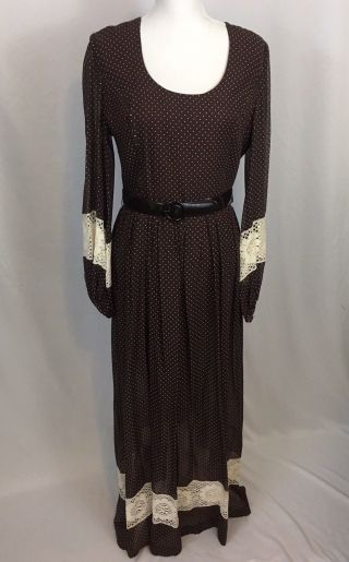 Vtg 70s Sheer Brown Polka Dot Crochet Maxi Chiffon Dress Fred Rothschild Boho