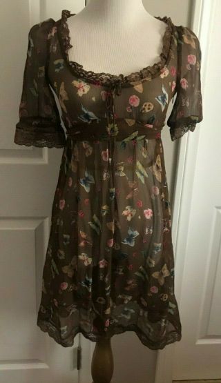 Vtg 90s Betsey Johnson Sheer Empire Waist Butterfly Dress S 4