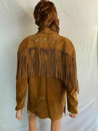 Vtg 80s Outwear Phoenix Brown Suede Leather Jacket Coat Fringed Studs Western L