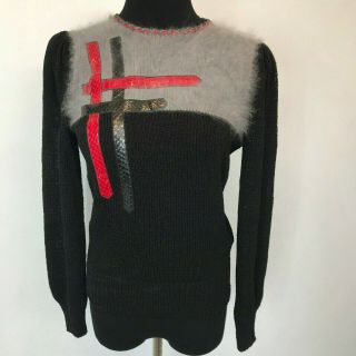Vintage Mike Korwin Sweater Size M Black Wool Red Snakeskin Trim Gray Angora Sv2