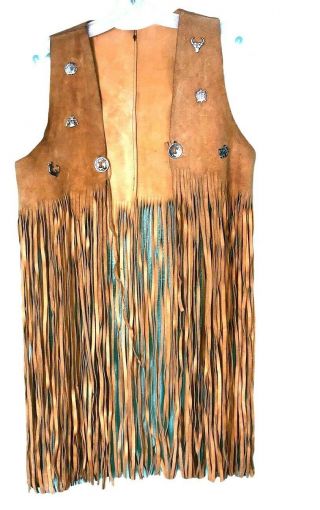 Vintage 70s Brown Suede Leather Long Fringe Concho Hippie Boho Vest