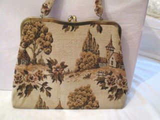 Vtg Mid Century Tapestry Handbag/purse Country Scene With Rhinestones