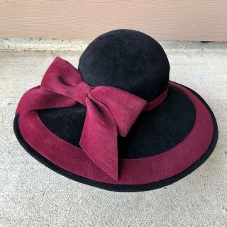 Vintage Frank Olive “black Maroon” Wool Felt Wide Brim Sun Hat “bow” Church