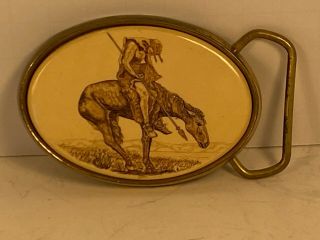 Vintage " End Of The Trail " Engraved Porcelain On Solid Brass Belt Buckle