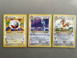 1999 Pokémon Base Set Cards.  Shadowless Dragonair Pidgeotto & Electrode