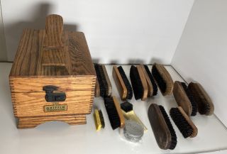 Vintage Griffin Shinemaster Wood Shoe Shine Kit Box /w Twelve Brushes And Polish