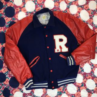 Vintage Howe Letterman Jacket Size 44 " R " Baseball Blue Red Wool Naugalite R