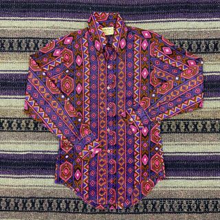 Vtg Colorful Western Shirt Long Sleeve Funky Rodeo Cowboy Marlboro 70s 80s Small