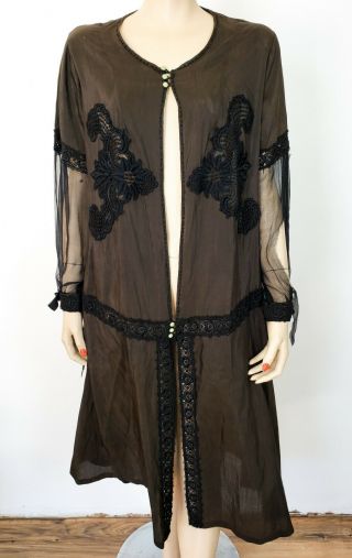 Vtg Antique 20s Flapper Dress Robe Drop Waist Sheer Sleeves Sz M/l