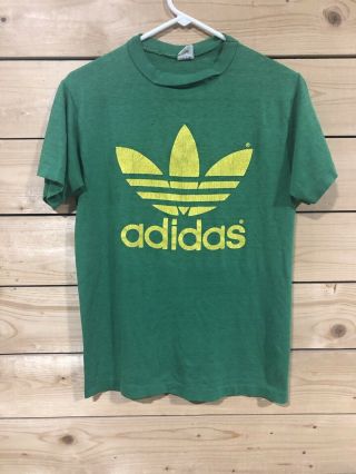 Vintage 80s Adidas T Shirt Thin Green Trefoil Double Sided Print Size L