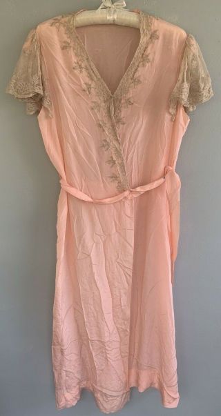 Vintage Pink Silk Lace Womens Belted Robe Lingerie 1920 
