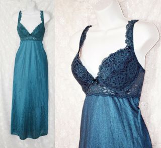 Vtg Teal Blue Olga Padded Lace Bra Top Negligee Nightgown 38