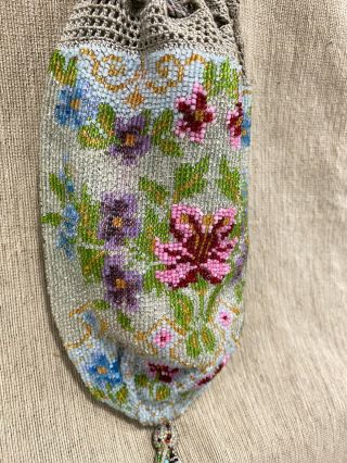 Old Antique French Micro Glass Beaded Drawstring Purse Handbag W/ Flowers Tassel