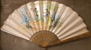 Antique French Silk Fan - Hand Painted Scene People Dancing