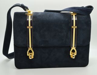 Vintage Purse Made In Italy Navy Blue Suede Enamel Details Handbag