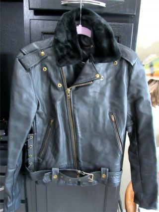 Vintage Black Leather Motorcycle Jacket | Black Faux Fur Collar | Size 36 Small