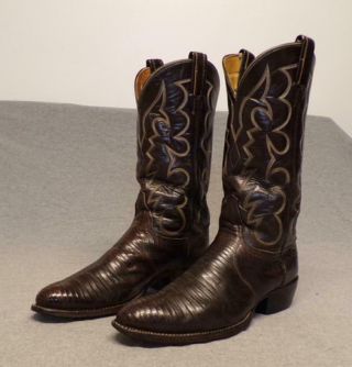 Vintage Tony Lama Western Cowboy Exotic Lizard Black Gold Label Boots Mens 8.  5