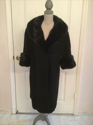 Black Lustrelam Halldon Curley Lamb Coat W/ Real Mink Fur Collar & Cuffs Vintage