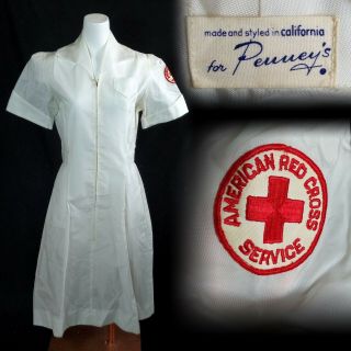 Vintage 1950s American Red Cross Nurse Dress Heavy Sheer Nylon 16
