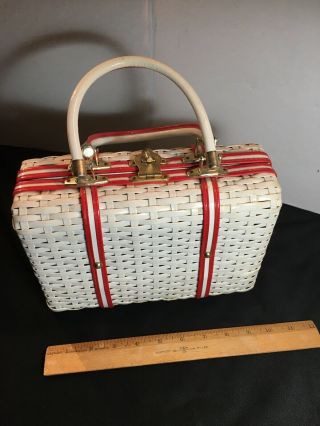 1960’s Vintage Wicker Red White Purse Bucket Rattan Lesco? Lona? Hong Kong Style