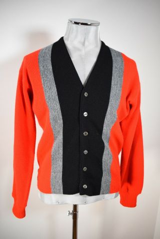 Vtg 50s 60s M Red Black & Gray Cardigan Sweater Orlon Rockabilly Jd Rodder