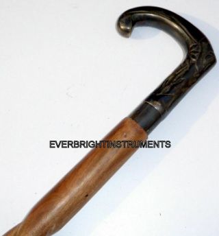 Vintage Walking Stick Brass Handle Twist Cane Style Brown Wooden Item Gift
